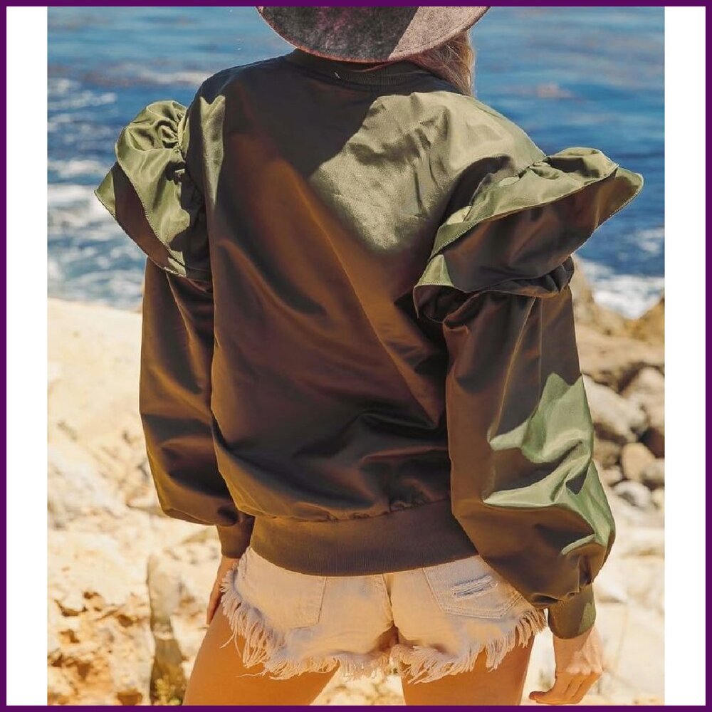 Lightweight Bomber Jacket With Ruffle Sleeves, Zi… - image 2